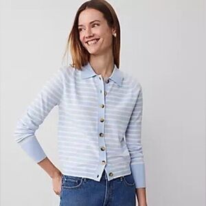 NWT Ann Taylor XL Light Blue and White Striped Collared Cardigan Sweater